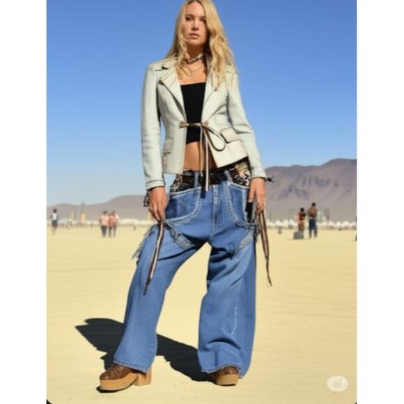 Parasuco Western Y2K Denim Blazer Jacket M Steampunk Prairie Cowboy - Picture 3 of 12